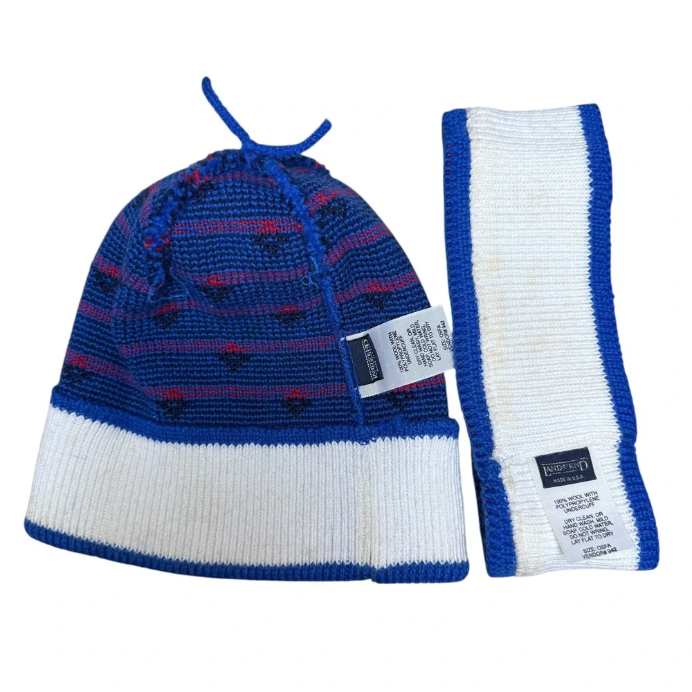 Vintage Lands End Wool‎ Beanie Headband Set Blue Red Geometric Pom Pom One Size